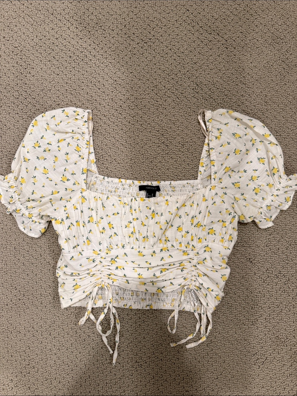 Forever 21 White Crop Top with Yellow Floral Print
